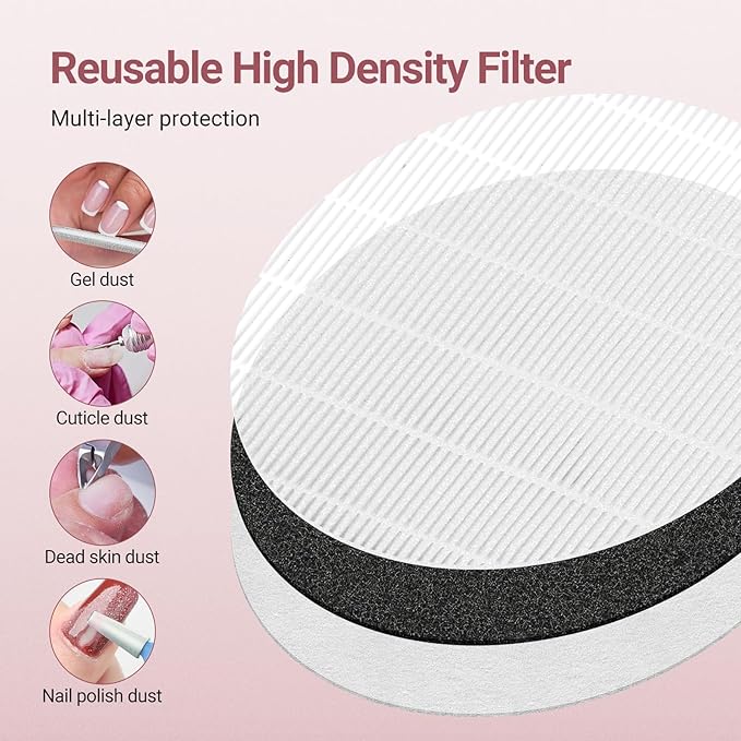 Nail Dust Collector Quiet, 5000RPM Vacuum Fan Extractor with Reusable Filter | Home/Salon Use, Pros Tech & Beginners