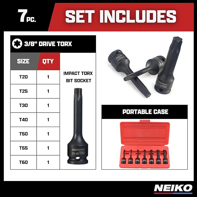 NEIKO 01132B 3/8??Drive Torx Star Driver Bit Socket Set | 7 Piece | T20 to T60 | 3??Length | Cr-Mo Impact Grade