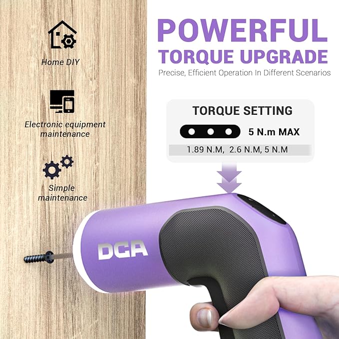 DCA 4V Electric Screwdriver Set, 5 N.m with 2000 mAh Li-ion Battery, 1/4" Magnetic Hex Chuck, USB-C Charging Cable, 18 Driver Bits for Furniture Repairs, Purple