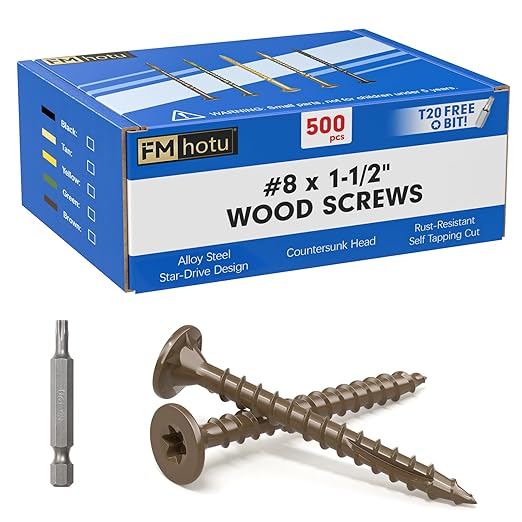 #8 x 1-1/2” Deck Screws, 500Pcs Star Drive Wood Screws, Rust Resistant Timber Screws for Timber/Log/Landscaping Wood, T20 Star Bit Included, Brown
