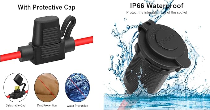 3FT 12V/24V Fixed Thread Cigarette Lighter Socket Extension Cable Automotive Marine Waterproof Outlet Socket Replacement 13AWG Heavy Duty Cable With spare fuse 20a 30a