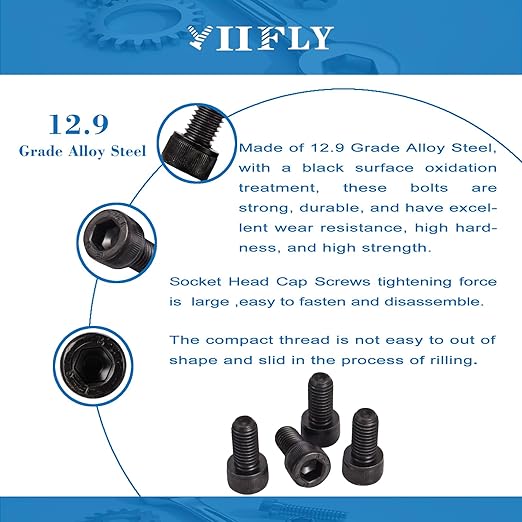 YIIFLY M12-1.75 x 35mm Socket Head Cap Screws, M12x1.75 Bolt, 12.9 Grade Alloy Steel, Allen Socket Drive, Black Oxide Finish, Full Thread, Quantity 8,