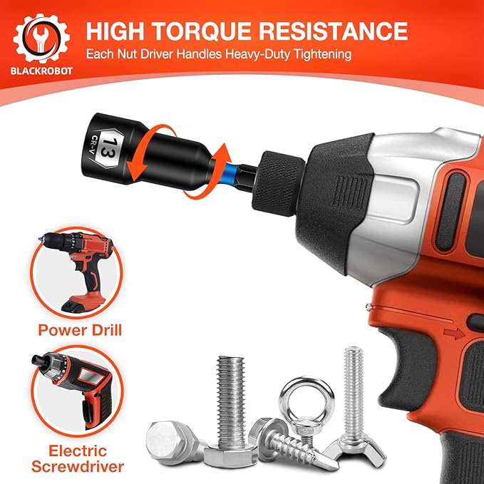 BLACKROBOT Impact Magnetic Nut Driver Set, 34-Piece Metric & SAE Driver Bit Set, Deep Nut Driver Set, 1/4'' Quick Change Cr-V Steel Hex Nut Drivers with Sturdy Tool Box