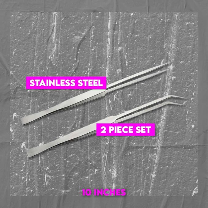 SE Stainless Steel 12-Inch Tweezers Set (2 PC.) - Straight and Angled Tips, Fine Point, Ideal for Crafts, Jewelry, Watch Repair - TW2-403