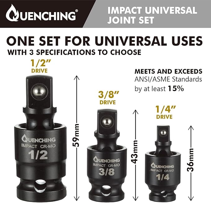 Impact Wobble Extension Set, Grade Extension Set, Universal Swivel Set, Socket Extensions with Holder, 1/4, 3/8, 1/2 Drive, made in Cr-V (3Pcs, Impact Universal Joint-Socket)