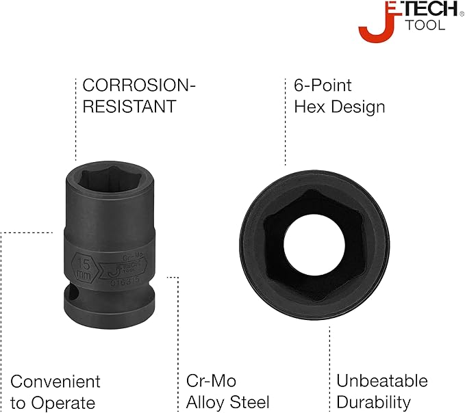 JETECH 1/2 Inch Drive 15mm Standard Impact Socket, Chrome Molybdenum Alloy Steel, 6-Point Design, Metric