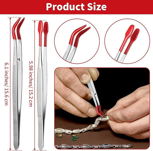 2Pcs Tweezers With Rubber Tips - Silicone Tipped Tweezer Set - Non Marring, Flat Tip, Long Tweezer for Stamp Coins, Jewelry, Crafts, Industrial & Electronic Tools (Red)