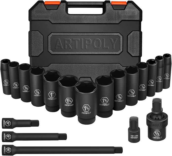 1/2" Drive SAE Deep Impact Socket Set, 19 Piece Cr-V Steel Socket Set SAE Size 3/8" to 1-1/4", Includes Extension Bars, Universal Joint and Adapter, 6 Point Design, Meets ANSI Standards