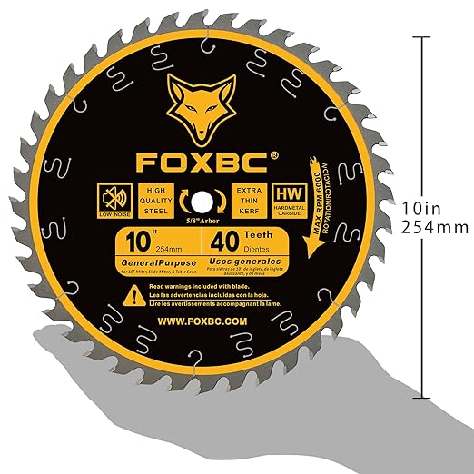 FOXBC 10 Inch Ultimate General Purpose Table Saw Blade, 40-Tooth Wood Cutting, 5/8-Inch Arbor