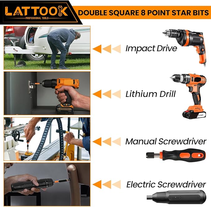Double Square 8 Point Star Bit Set with Quick Change Bit Driver, LATTOOK 17PCS 8 Point Star Bits 2 Square Drive Bits, Magnetic S2 Steel, 2.3'' & 1'' Long, #1, #2, #3