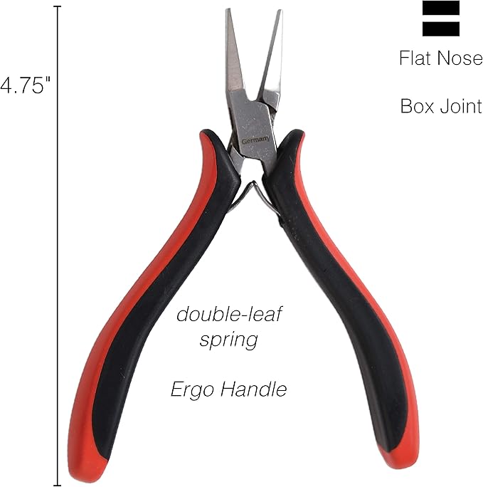 The Beadsmith Platinum Series German Flat Nose Pliers, 4.75 inches (120mm) with Polished Steel Head, red and Black Ergonomic Comfort Grip Handle and Double-Leaf Spring, Tool for Jewelry Making