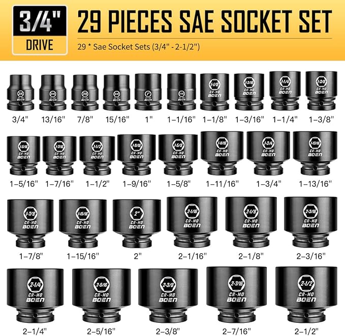 boen 3/4" Drive SAE Impact Socket Set, 3/4 inch - 2-1/2 inch Large Sockets, 6-Point Sockets, Rugged Construction, CR-MO, Standard Socket Set, 29PCS with Storage Case