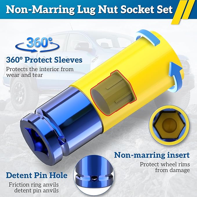 Impact Lug Nut Socket-8 Pieces Thin Wall Impact Sockets,Non-Marring Impact Socket Set,1/2 Deep Wheel Protector Metric 15 17 19 21 22 MM & SAE 13/16 7/8 in.Cr-Mo Steel