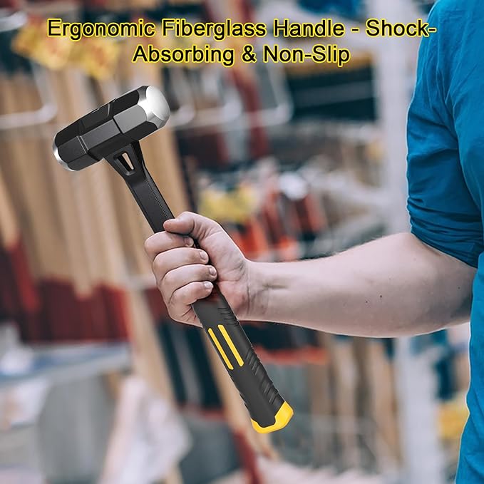 3lb Sledge Hammer - Heavy Duty Drilling Hammer with Forged One Piece Steel Head & Fiberglass Handle, Perfect for Demolition, Construction, and Blacksmithing