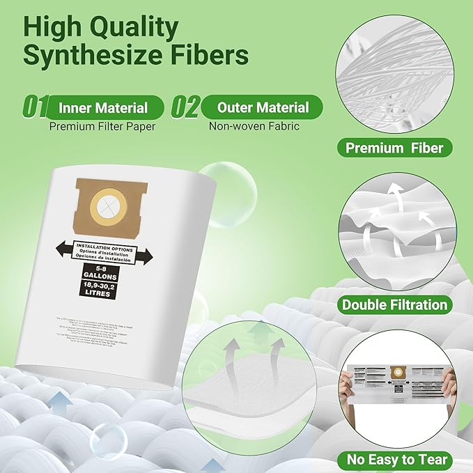 5 Pack Replacement for Shop Vac Bags 5-8 Gallon竊똖ype E 90661 9066133, Type H 90671 9067133, VF2004, VHBS, VDBS, PETOX High-Efficiency Disposable Vaccum Collection Filter Bags