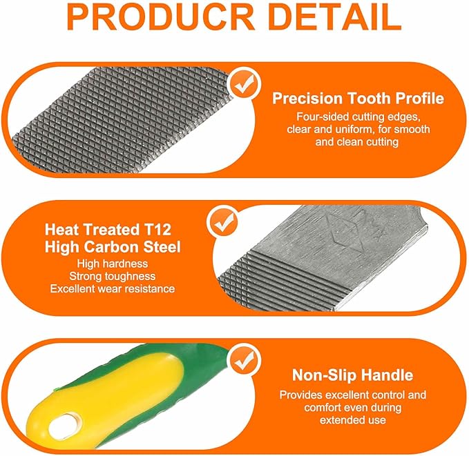 HARFINGTON Flat Medium Cut File 4" Double Cut Teeth High Carbon Steel Hand Rasp File with Plastic Handle for Metal Wood Deburring Removing