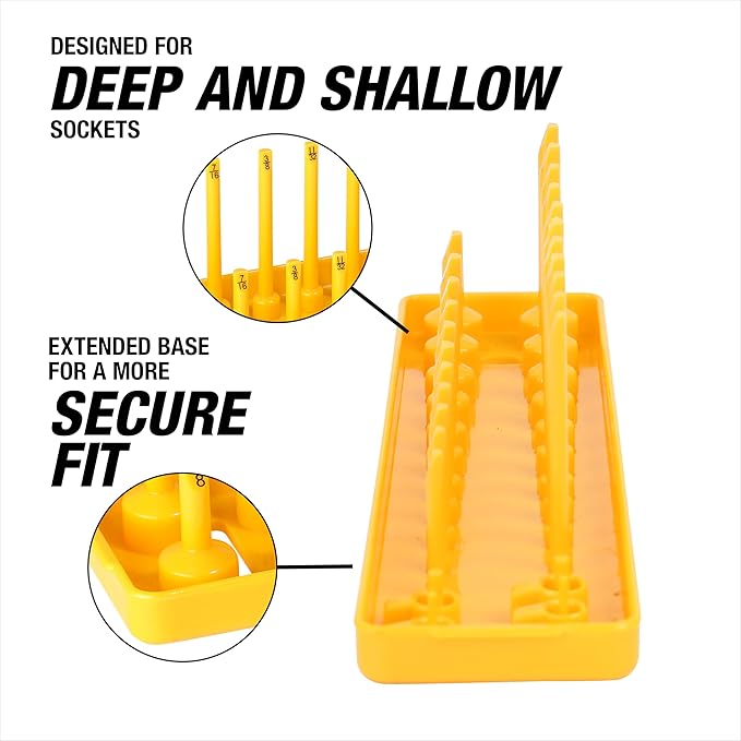 OEMTOOLS 22238 6 Piece SAE and Metric Socket Tray Set, SAE and Metric Socket Storage for Sizes 1/4", 3/8?? and 1/2" Drive, Socket Holders and Socket Organizer Tray for Toolbox, Black and Yellow