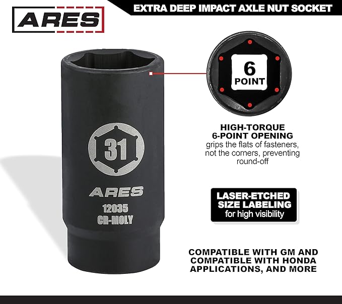ARES 12035-31MM Axle Nut Socket - 6 Point Socket - Extra Deep 1/2-Inch Drive Impact Socket for Easy Removal of Axle Shaft Nuts