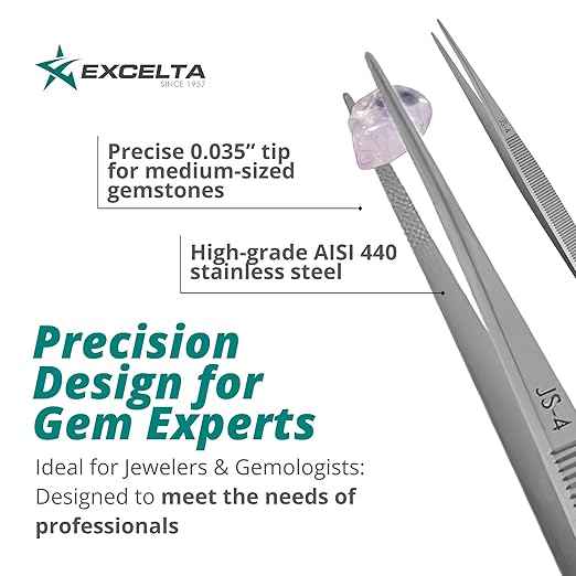 Excelta JS-4 Gemologist Forceps, Straight Medium Tweezers, 0.035” Tip, Precision Gem Handling Tool, Stainless Steel AISI 440, Conductive Surface, Ideal for Jewelry & Gemstone Work, Made in Switzerland