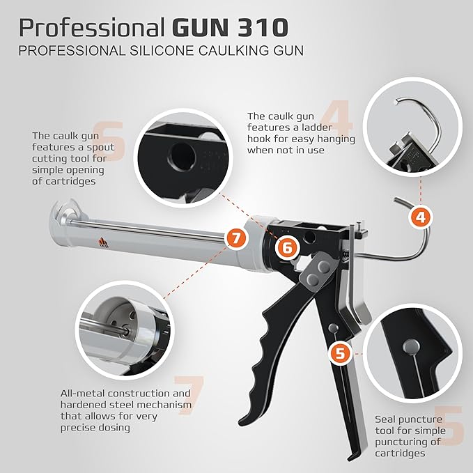 DCP Professional Gun 310 Caulking Gun 10 fl.oz. ??Manual Tool for Silicone, Polyurethane, Acrylic, 12:1 Thrust Ratio