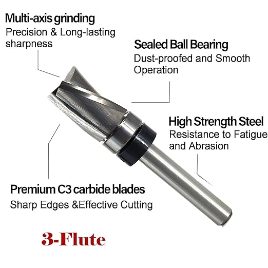 Spiral Flush Trim Router Bit 1/4 Shank, Carbide Head 3-Flute, 1/2" Diameter, 3/4" Cutting Length, Pattern Template Flush Trim Router Bit, for Grooves, Bottom Cleaning, Wood Trimming