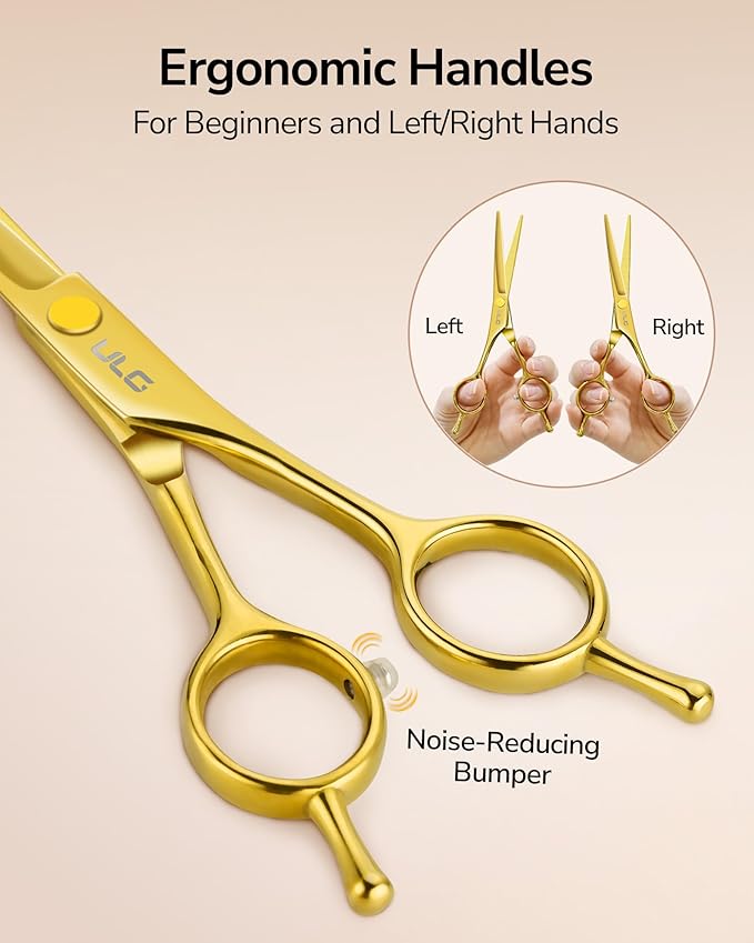 ULG Professional Hair Cutting Scissors Set ??6.5??Japanese Stainless Steel Barber Shears & Thinning Scissors with Comb, Clips & Case ??at-Home Salon Haircut Kit Gold