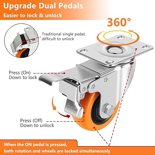 Caster Wheels - 3" Casters Set of 4 Heavy Duty, Update Dual Locking Casters with ON/Off Tabs (Easier to Operate), Swivel Plate Casters, Non-Marking Castor Wheels for Furniture and Workbench