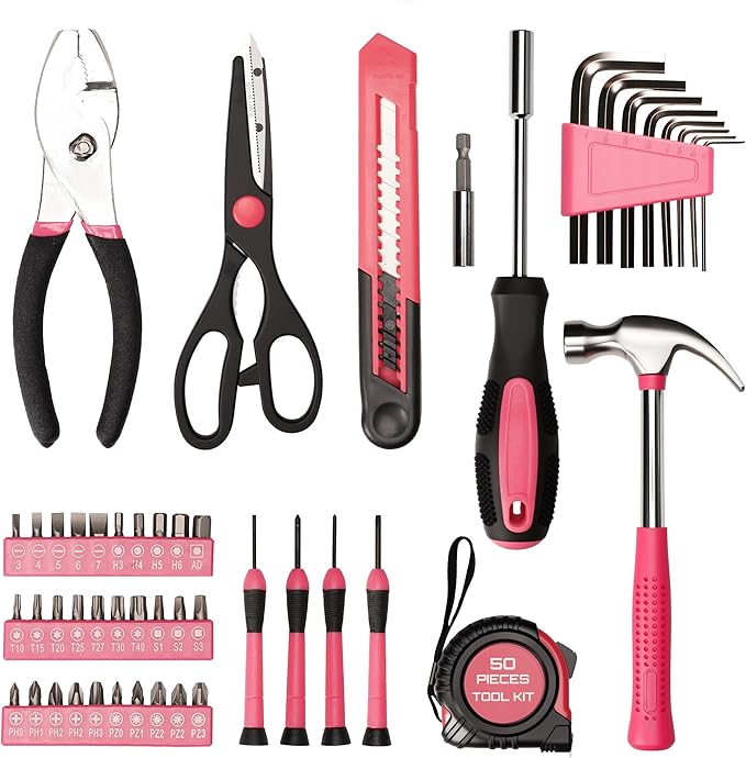 50-Piece Pink Tool Set for Women, Household Small Tool Set with Storage Toolbox for Home Repairs, Hand Tool Kit for College, Dorm, Office