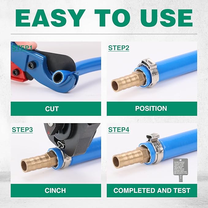 2 IN 1 Ratchet Pex Crimping Tool Cinch and Remove Combo Function Pex Pipe Crimp Tool from 3/8" to 1" Pex Crimper with Pex Cutter and Stainless Steel Pex Clamps 1/2" 25PCS, 3/4" 10PCS in Plastic Box