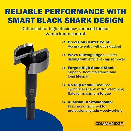 Fisch Black Shark Forged Steel Forstner Drill Bit Set for Woodworking, Precision Wave Design, Clean Cuts in Hardwoods, MDF and Plywood, Made in Austria 7 Pcs Set Inc (1/4" to 2-1/8") in Blister Pack