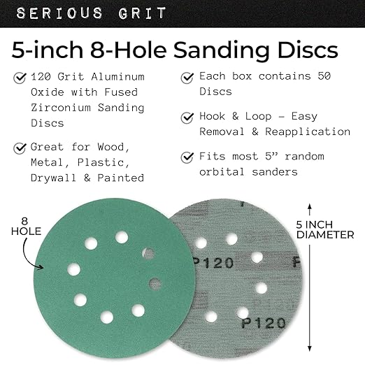 Serious Grit Sanding Discs 5 Inch 8 Hole 150 Grit - Heavy-Duty Hook & Loop Wet Dry Film Sandpaper Discs - Very Fine Sand Paper for Random Orbital Sanders - Wood, Automotive, Metal, etc - 50 Pack Box