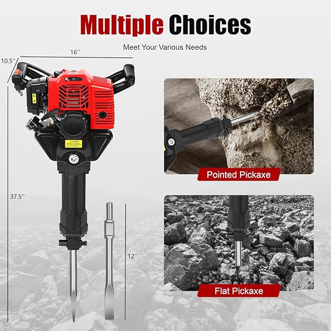Gas Demolition Jack Hammer 55CC 2 Stroke Gasoline Concrete Breaker Punch Drill Breaker Drilling Machine 1900W 6500RPM, for Trenching Chipping Breaking Holes, with Pointed Flat Pickaxes
