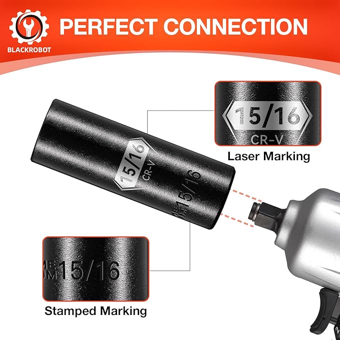 BLACKROBOT 1/2 Inch Drive 6-Point Deep Socket, 15/16 inch Deep Impact Socket, CR-V Steel