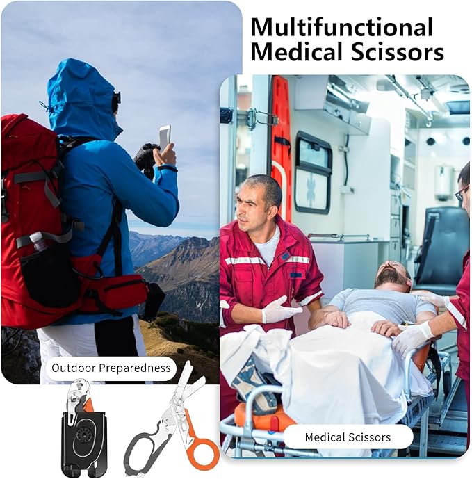 6 In 1 Multi-function Trauma Shears Foldable with Compatible Holster and Penlights,Emergency Trauma Shears with Strap Cutter and Glass Breaker for Outdoor Medical Scissors Tools Black+Orange