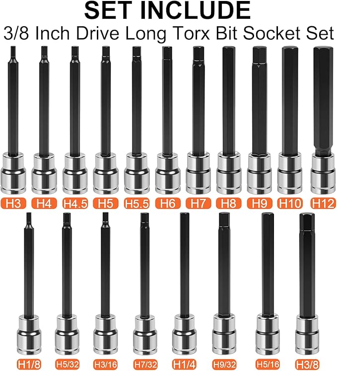 19-Piece 3/8" Drive Long Reach Impact Hex Bit Socket Set, SAE (1/8"-3/8") & Metric (3mm-12mm) Deep Allen Key Wrench Set, S2 and Cr-V Steel, with Molded Storage Box
