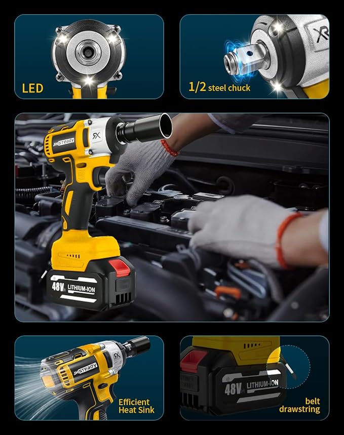 48V Cordless Impact Wrench, 1/2 Impact Gun, 4-Speed Brushless High Torque Impact Gun with LED Light, Precision Power Wrench