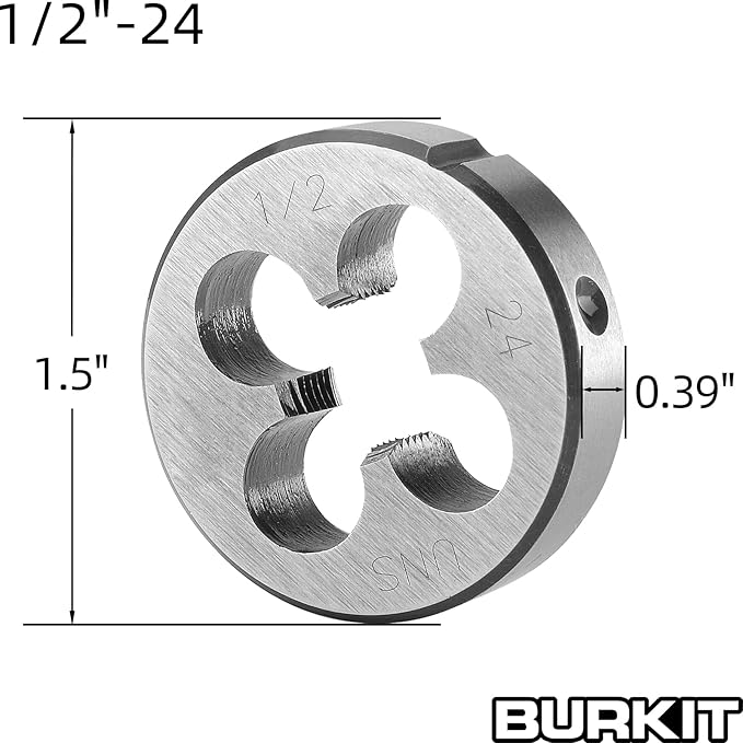 Burkit 1/2"-24 UNS Tap and Die Set, 1/2 x 24 UNS Machine Thread Tap and Round Die Right Hand