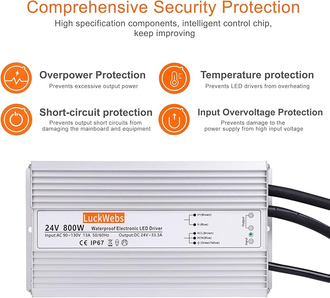LED Driver 24V800W Waterproof Power Supply AC 90-130V to DC 24V33.3A Switching Power Supply IP67 Low-Voltage Transformer Suitable for Outdoor LED Lighting Fixtures and Any 24V DC Equipment