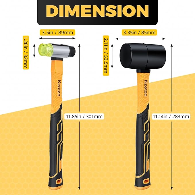 2-Pack Rubber Mallet Hammer Set, 16oz & 35mm Tool for Flooring, Tent Stakes, Woodworking, Camping, Crafts, Jewelry Wood，Fiberglass Shockproof Cushioned Grip, (16OZ 35MM Rubber Hamme)