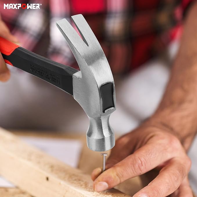 MAXPOWER Hammer Set, 8oz & 20oz Claw Hammers, Polished Alloy Steel Hammer-Head & Fiberglass Handle with Rubber Grip