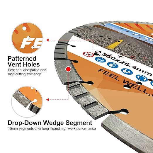 FEWELL 14" Asphalt Diamond Saw Blade/Concrete Diamond Blade,Multi-Purpose Diamond Blade for Hard Reinforced Concrete Asphalt Masonry Stone Terrazzo, Laser-Welded Segmented, 1"-20mm Arbor