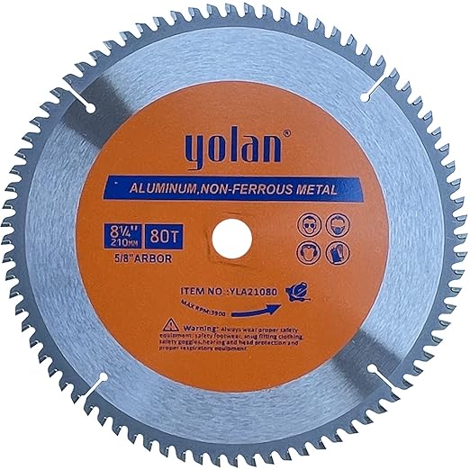 Yolan 8-1/4-Inch 80 Teeth Circular Saw Blade with 5/8-Inch Diamond Knockout Arbor, 8-1/4" Tungsten Carbide Tip for Cutting Aluminum, Non-Ferrous Metal Table Saw Accessories,Polished Miter Saw Blade