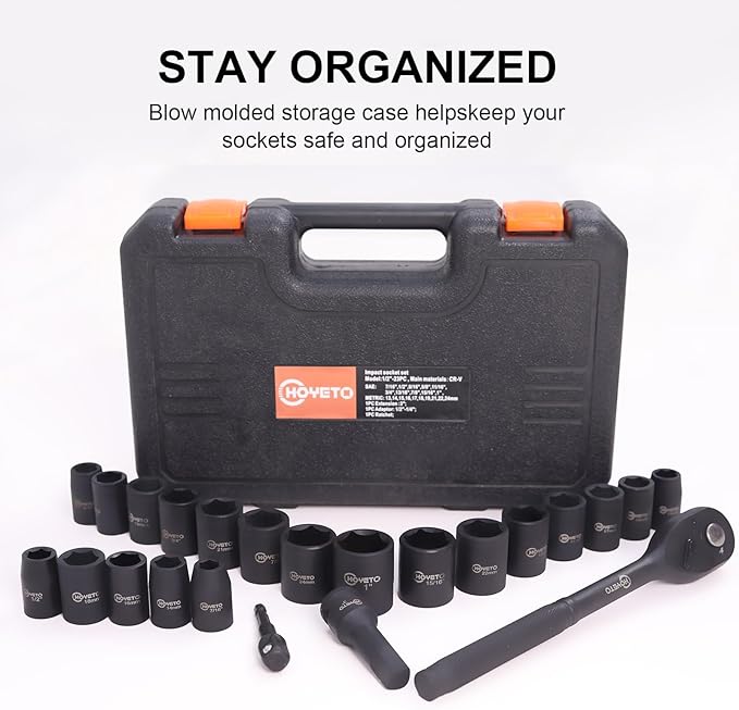1/2" Drive Impact Socket Set, 23-Piece Metric (13??4mm), 6-Point Cr-V Alloy Steel, with Ratchet Handle & Storage Case ??Rugged Construction for Auto Repair