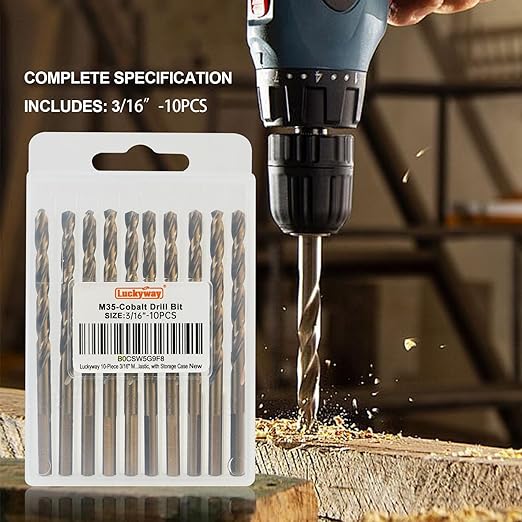Luckyway 3/16" Cobalt Drill Bit (10 Pcs), Jobber Length Twist Drill Bit Set for Hard Metal, Stainless Steel, Cast Iron, Wood and Plastic, with Storage Case