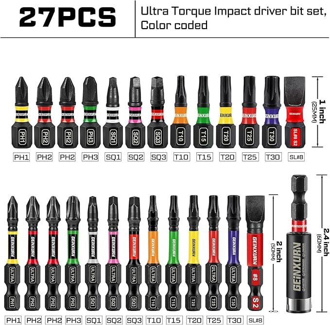 Impact Screwdriver Bits Set, 26Pcs 2??3??Phillipes/Torx/Square/Slotted Magnetic S2 Steel Driver Bits Set and 1pc Impact Bit Holder with Color Coded Base