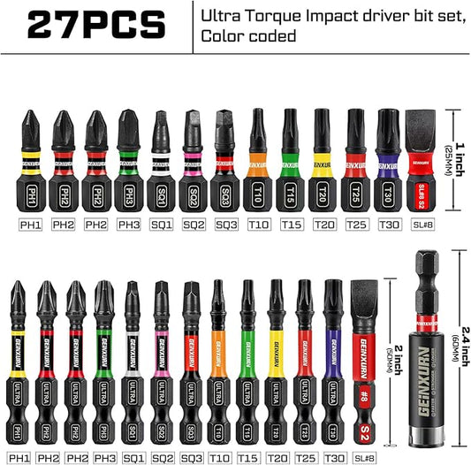 Impact Screwdriver Bits Set, 26Pcs 2??3??Phillipes/Torx/Square/Slotted Magnetic S2 Steel Driver Bits Set and 1pc Impact Bit Holder with Color Coded Base