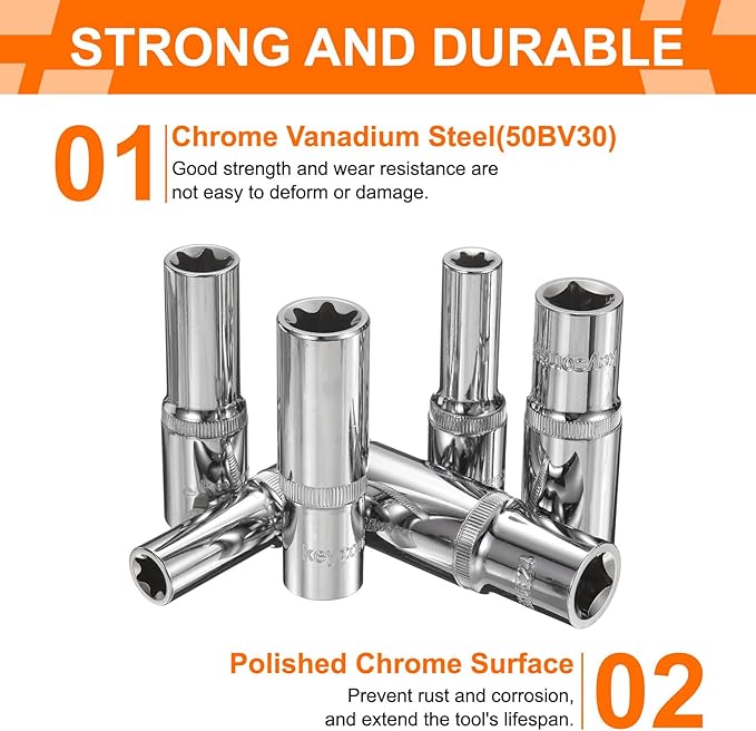 HARFINGTON 3pcs E-Torx Socket 1/2" Drive E22 Star Female Socket 3.1" Length External Torx Deep Sleeve Chrome Plating 6 Point Spline Sleeve for Auto Repairs Home Maintenance