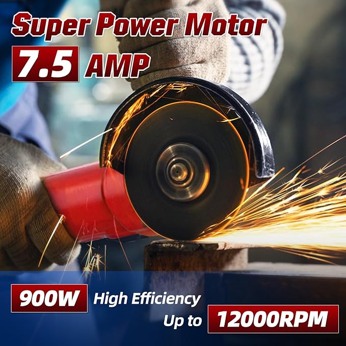 Angle Grinder, 7.5-Amp 4 1/2 inch Electric Grinder Power Tools 12000 RPM with Cutting and Grinding Wheels, Flap Disc and Auxiliary Handle for Cutting, Grinding, Polishing, M14 Thread