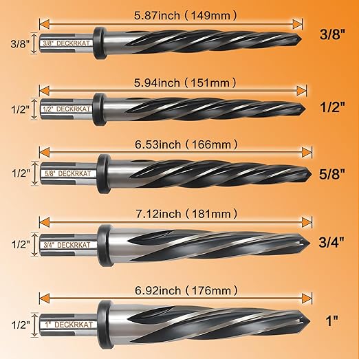 5-Piece 3/8", 1/2", 5/8", 3/4", 1" Reamer Drill Bit for Metal, M2 HSS Taper Reamer for Steel, Alloy, Wood, Plastic to Align, Enlarge Holes ??5-Spiral Flutes, 1/2" Non-Slip Shank, Construction Reamer.