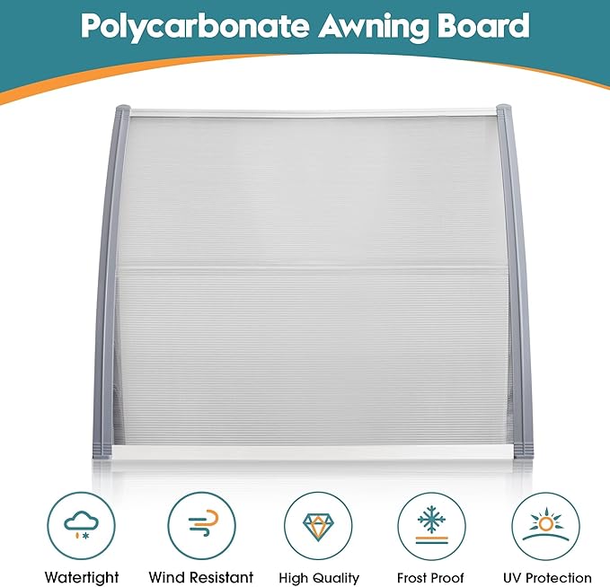 MCombo 39" x 38.6" Window Awning Outdoor Polycarbonate Hollow Sheet Door Patio Canopy, 6055-4040(Clear Board with Gray Bracket)